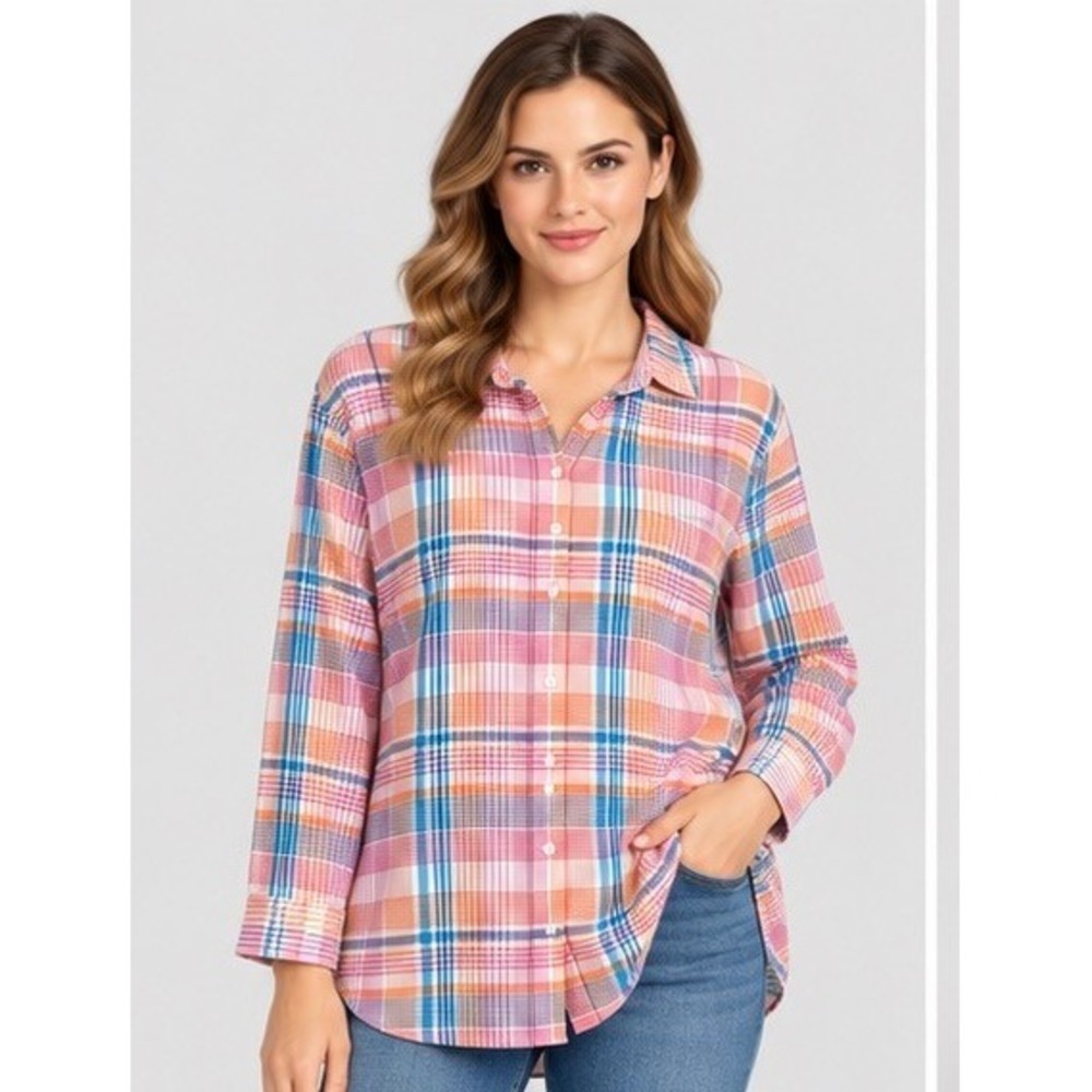 Lands' End Womens 8 Pastel Plaid No Iron Supima 3/4 Sleeve Button-Up Shirt